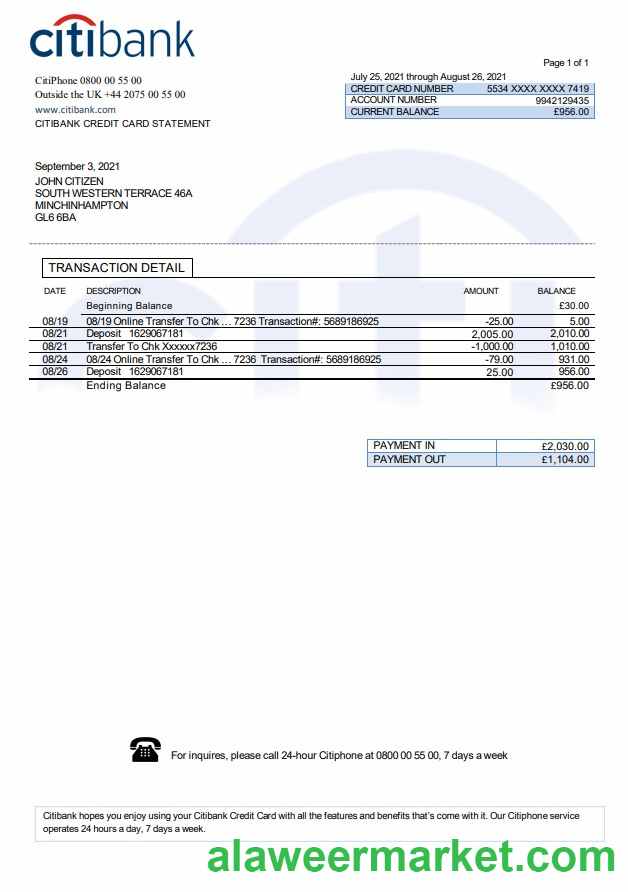 United Kingdom Citibank bank statement template in .doc and .pdf format